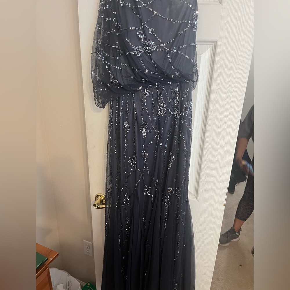 Adrianna Papell one shoulder beaded gown in dark blue